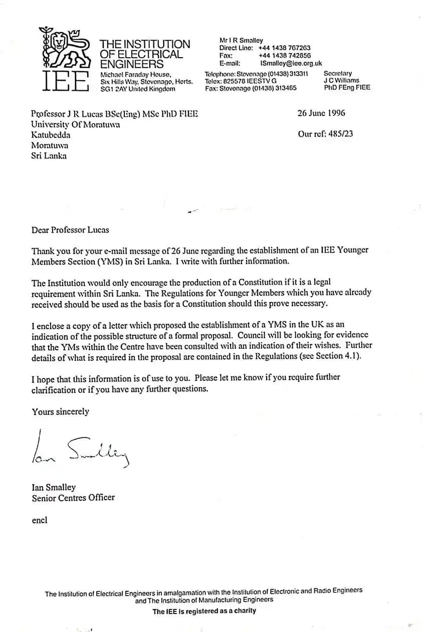 IEE UK letter regarding the YMS Session Sri Lanka